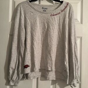 Champion Womens Arkansas Razorbacks L Gray Long-Sleeve Shirt Puff Sleeves